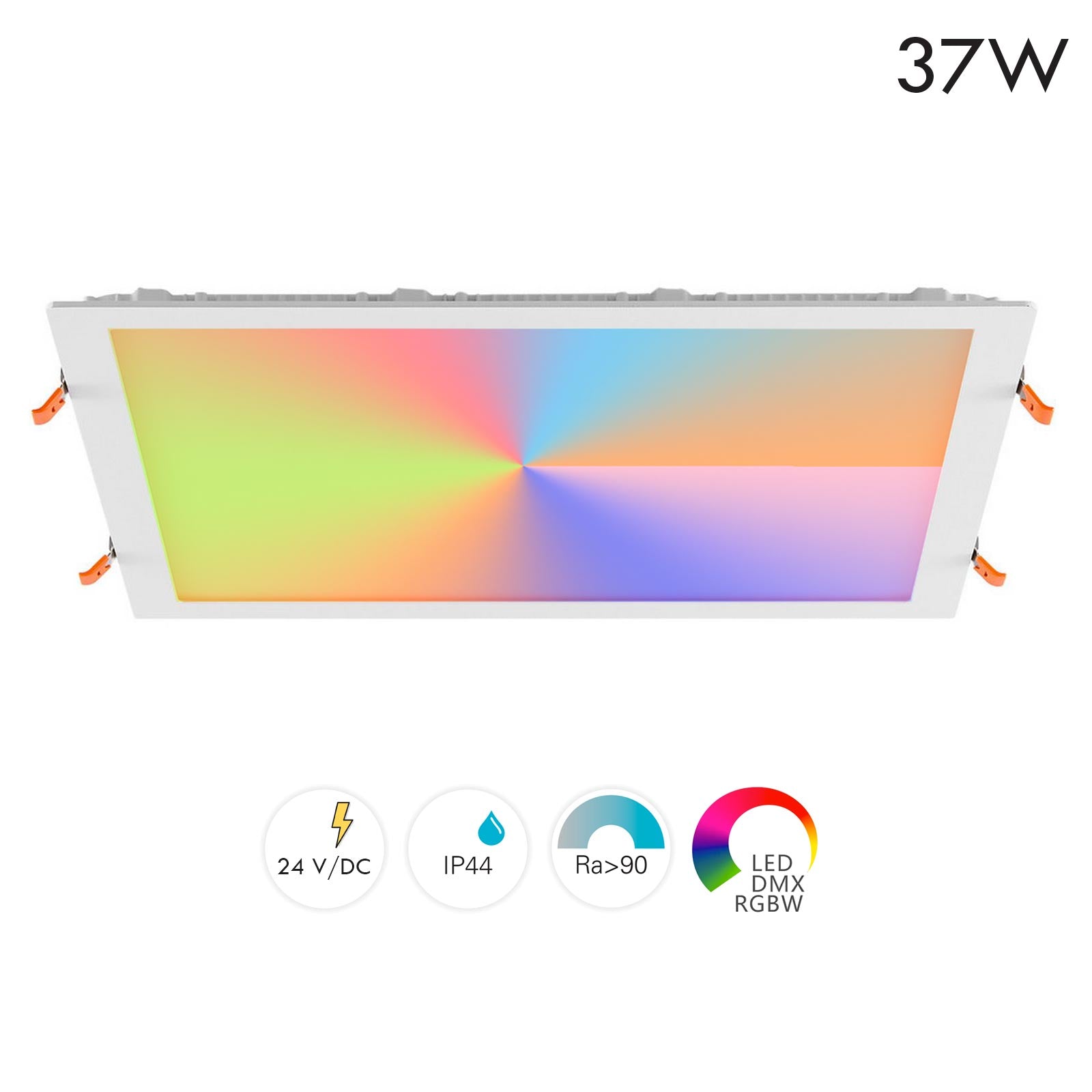Faretto LED incasso pannello quadrato slim DMX RGB multicolore luce calda 24V impermeabile cromoterapia box doccia bagno 37W foro 380x380
