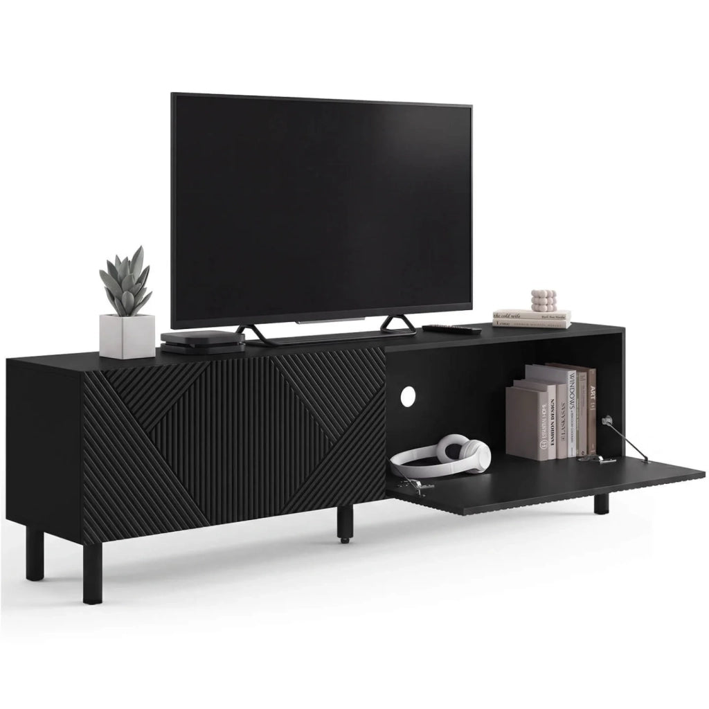 IDMarket - Porta TV HIMARA 180 cm, 2 ante, doghe geometriche in legno nero