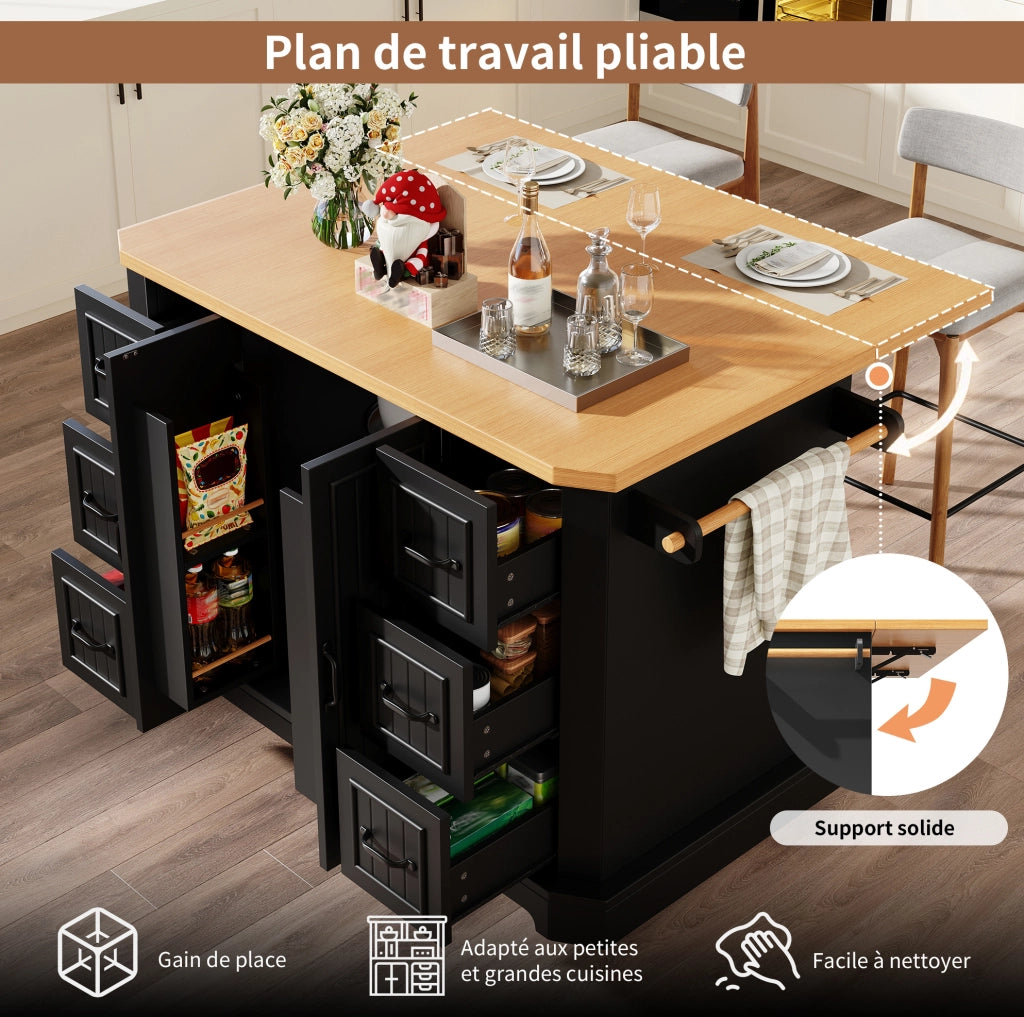 Isola da cucina mobile con 2 ante, 6 cassetti e ruote