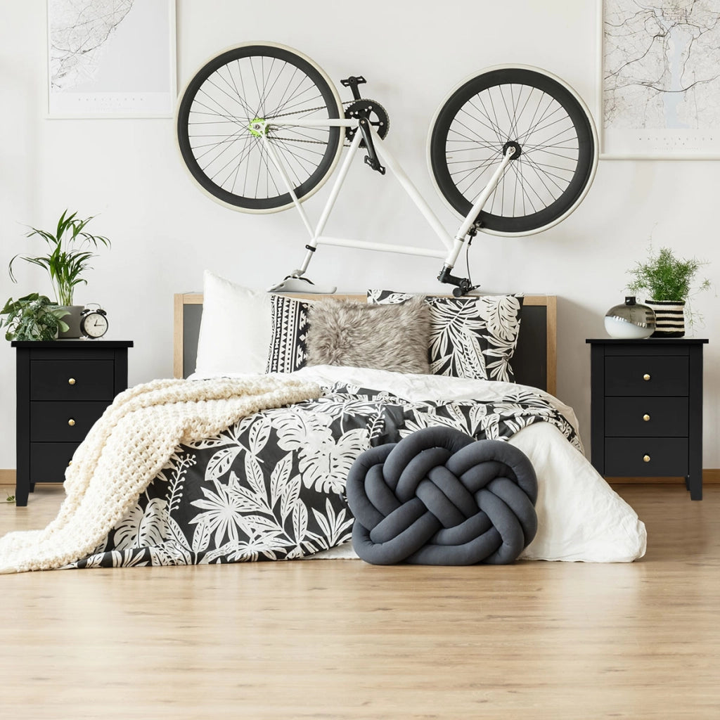 Set di 2 comodini con 3 cassetti per camera da letto, Cassettiera moderna vicino al letto Nero