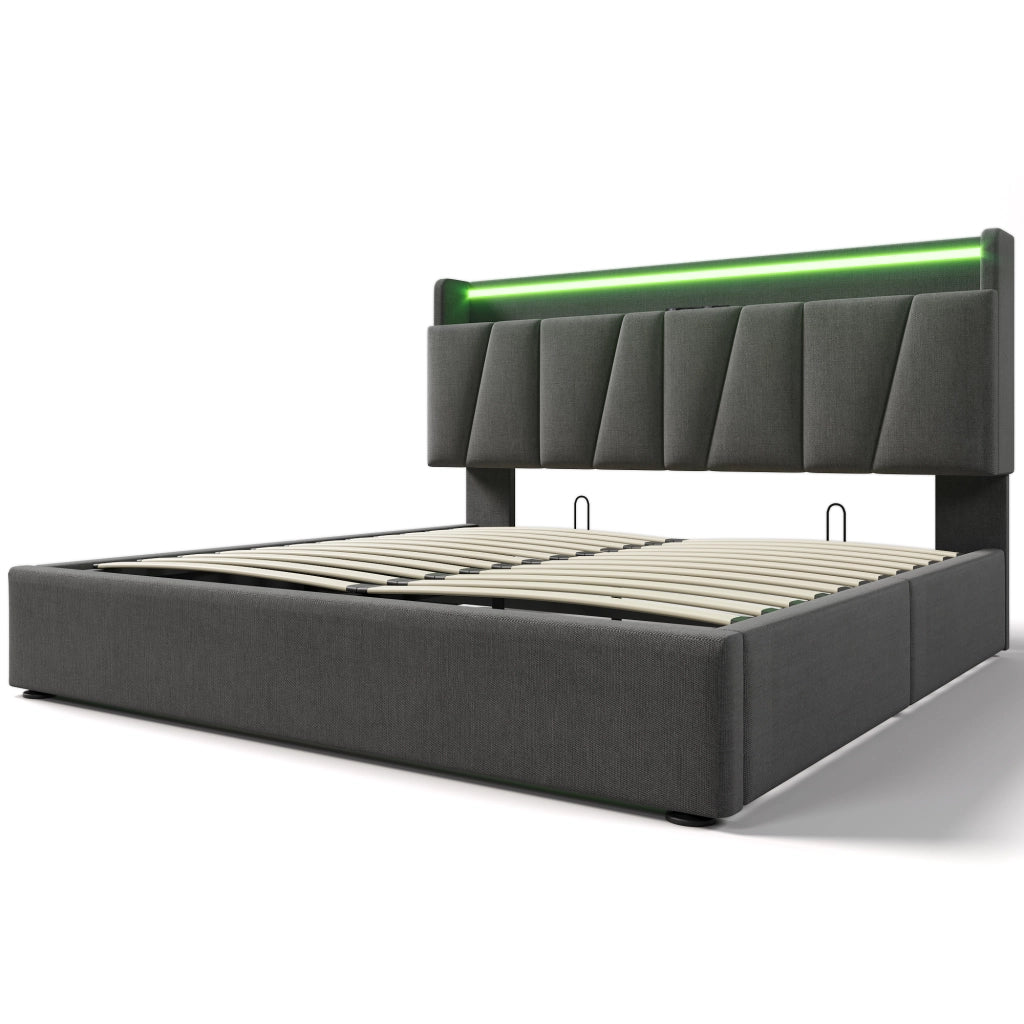 Letto matrimoniale 140x200 grigio con testiera contenitore, prese USB e LED RGBW, rete a doghe in legno
