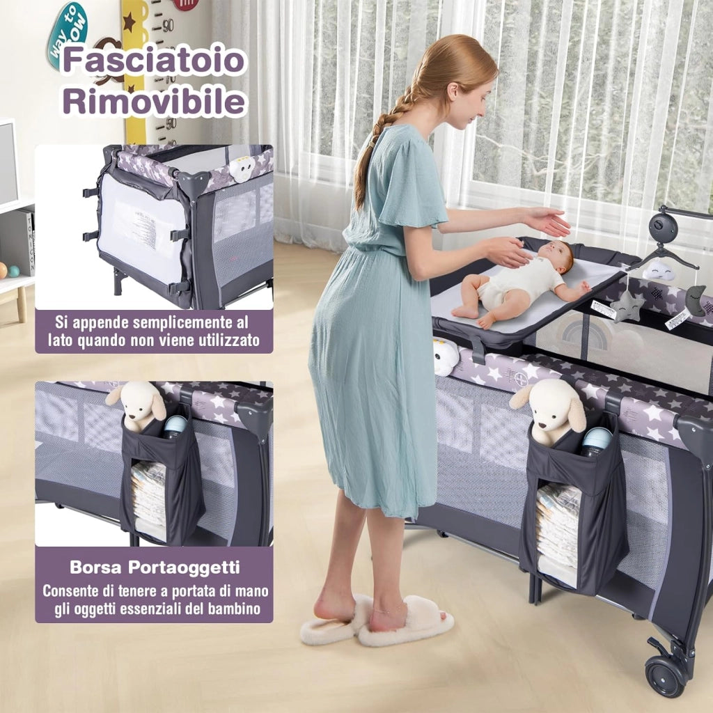 3 In 1 Lettino da Campeggio per Bambini, Lettino con Materasso Portatile per Neonati, Culla Pieghevole per Neonati con Fasciatoio, Carillon e Ruote con Freno, per Bambini 0-36 Mesi (Grigio)