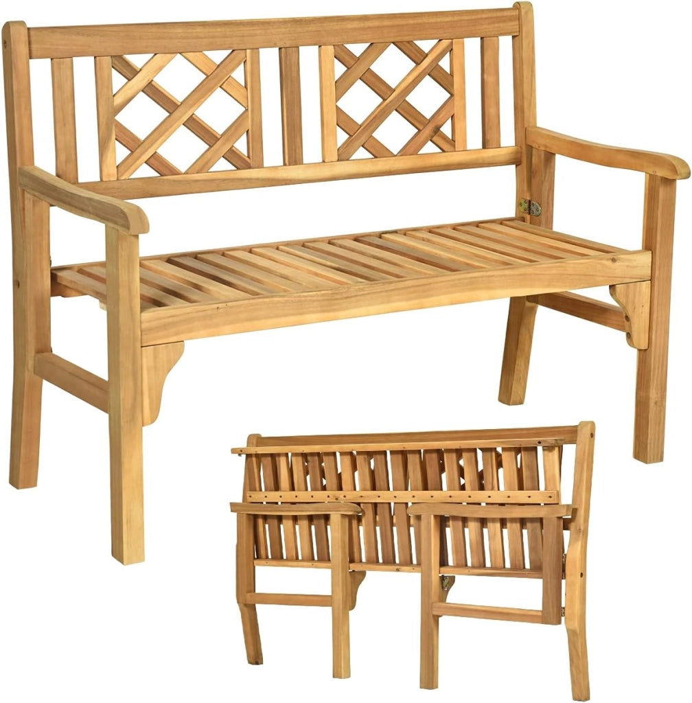 Panchina da Giardino in Legno di Acacia, Panca Pieghevole 2 Posti, con Schienale e Braccioli, Panchina Rustica, Naturale