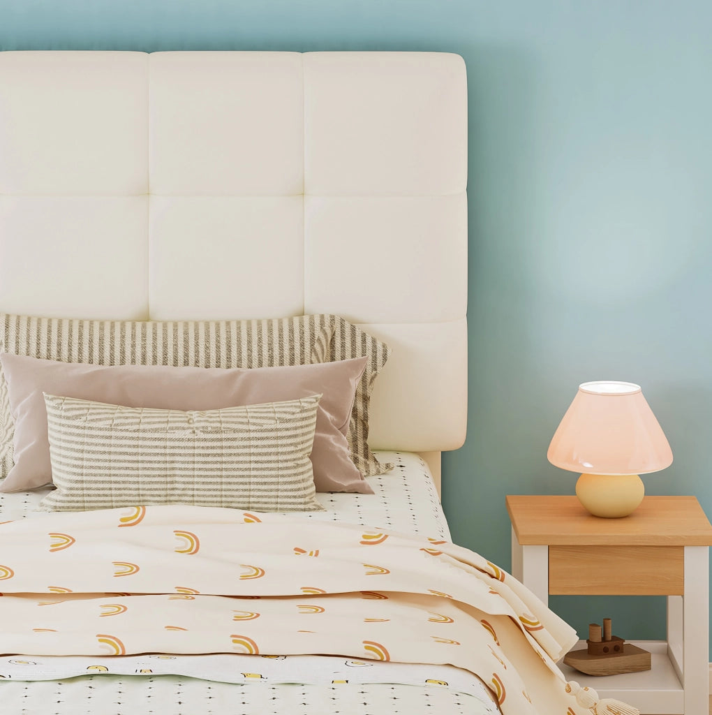 Polsterbett per bambini 90x200 cm con testiera a forma di biscotto; beige