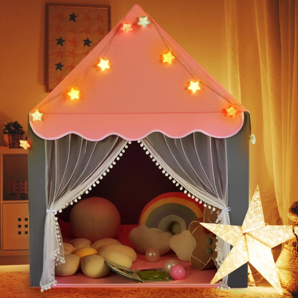 Tenda da gioco per bambini con tappetino lavabile-Tenda castello fatato con luci a forma di stella Rosa
