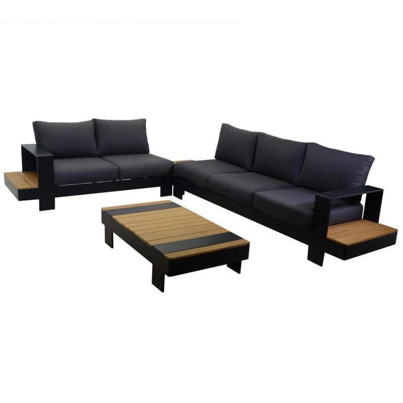 Salotto Alluminio Idaho Angolare 2+3 Posti Antracite Top Tavolo Legno