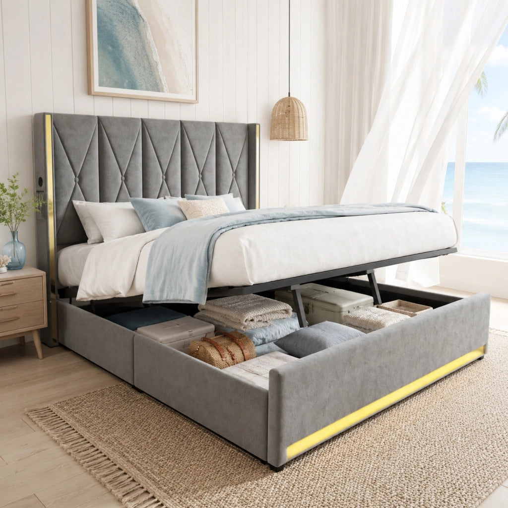 Letto contenitore 180x200 cm in velluto grigio scuro con LED e USB