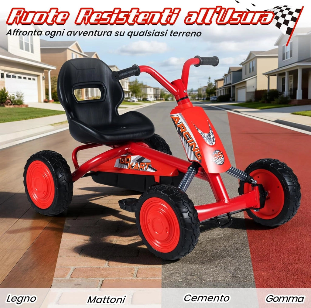 Go Kart a Pedali per Bambini, Veicolo a Pedali con Sedile Regolabile, 4 Ruote Resistenti, Macchina Elettrica per Bambini 3-8 Anni, Portata 30 kg (Rosso)
