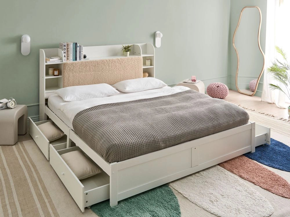 Letto matrimoniale in legno di pino MDF minimalista con contenitore 4 cassetti e ripiani testiera in bouclé bianco con rete 180 x 200 cm