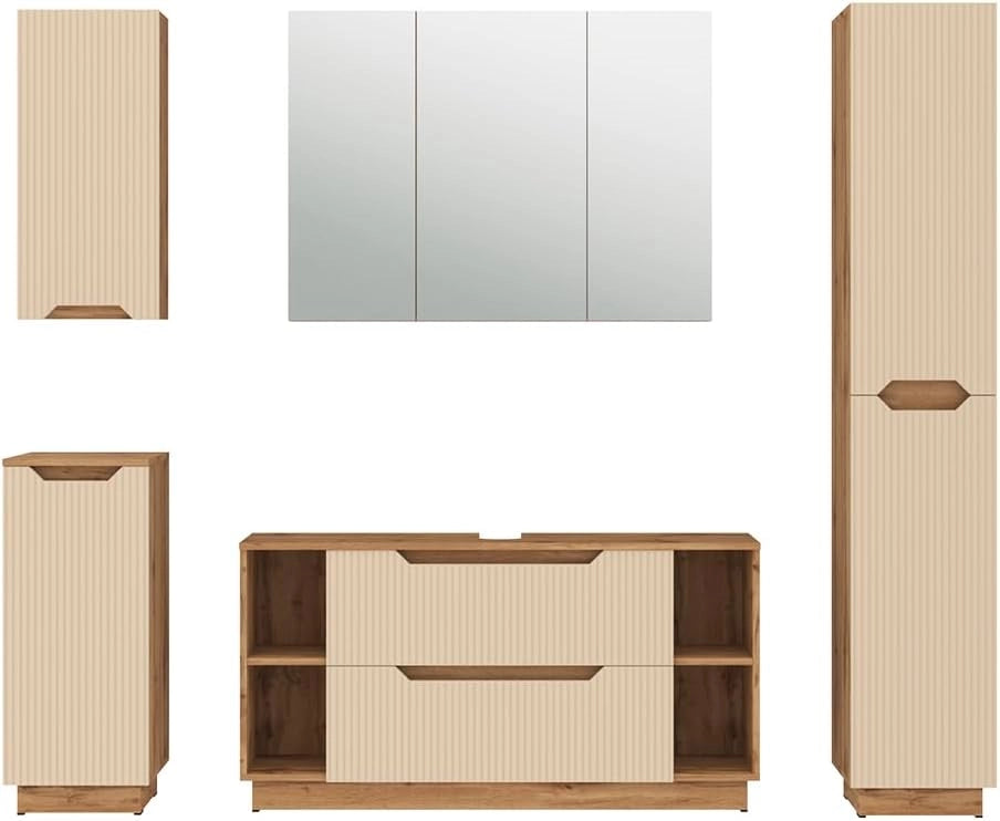 Set di mobili da bagno Lotta, Rovere/cashmere a righe, 5 parti