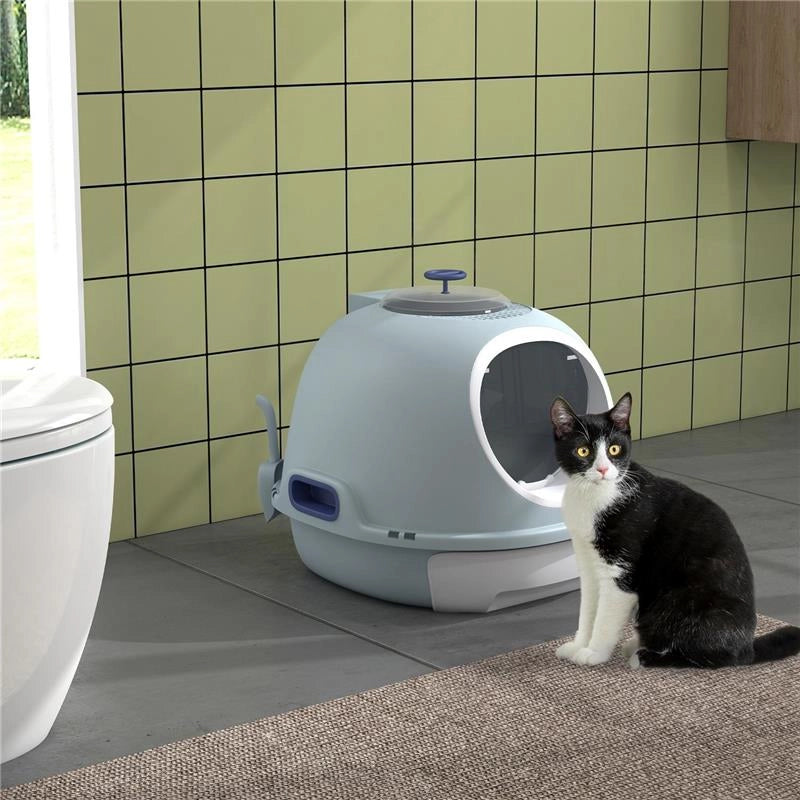 LETTIERA PER GATTI CHIUSA CON VASSOIO ESTRAIBILE, 2 INGRESSI E PALETTA, 47X55X44CM, AZZURRO