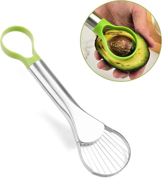 Avocado snidge 2 in 1 - 2-in-1 - rottura di acciaio inossidabile - Multifunzionale strumento per avocado - può essere utilizzato per tagliare, scavare e sbucciare - gadget da cucina - con impugnatura di plastica verde