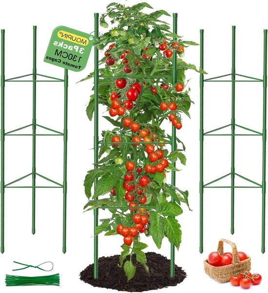 Sostegno per piante di pomodoro 3 pezzi 130 cm per piante di pomodoro e zucchine con regolazione di altezza per rose e giardino, rete metallica con 20 cavi di fissaggio