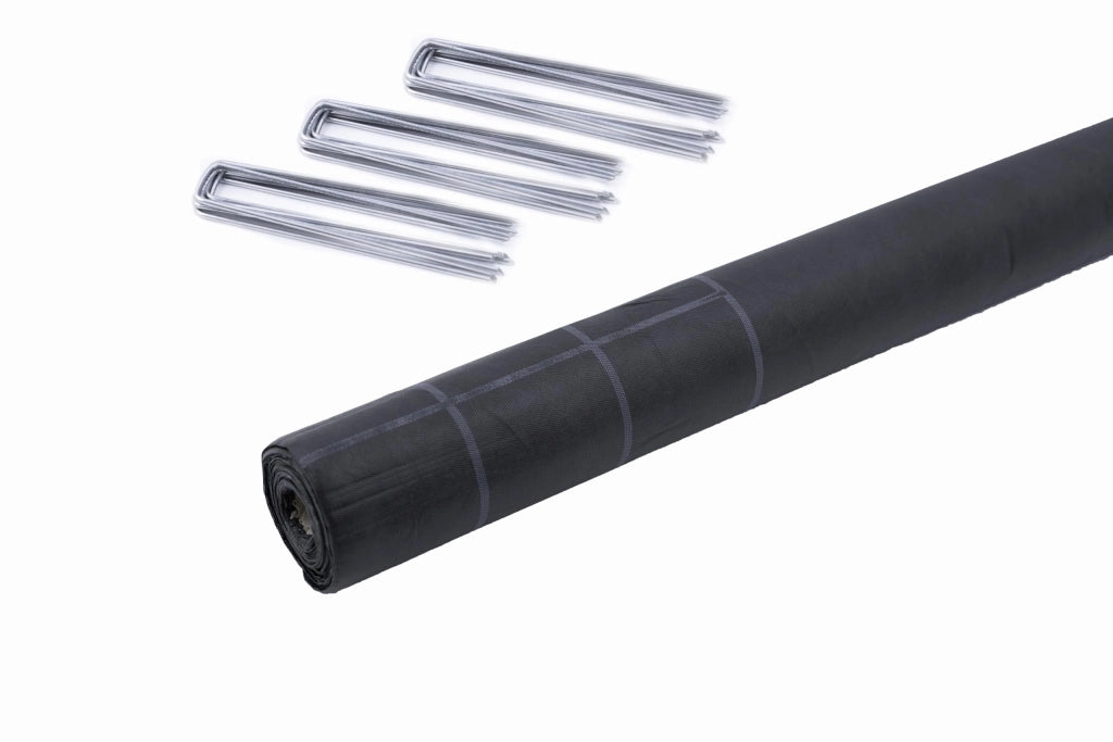 Telo Anti Erbacce Tessuto Orto Pulito 1,6x10 m, Tessuto Non Tessuto Prolipopilene e 25 Forcine Filo Fe Zincato, Telo Nero per Orto Quadri 10x10 cm