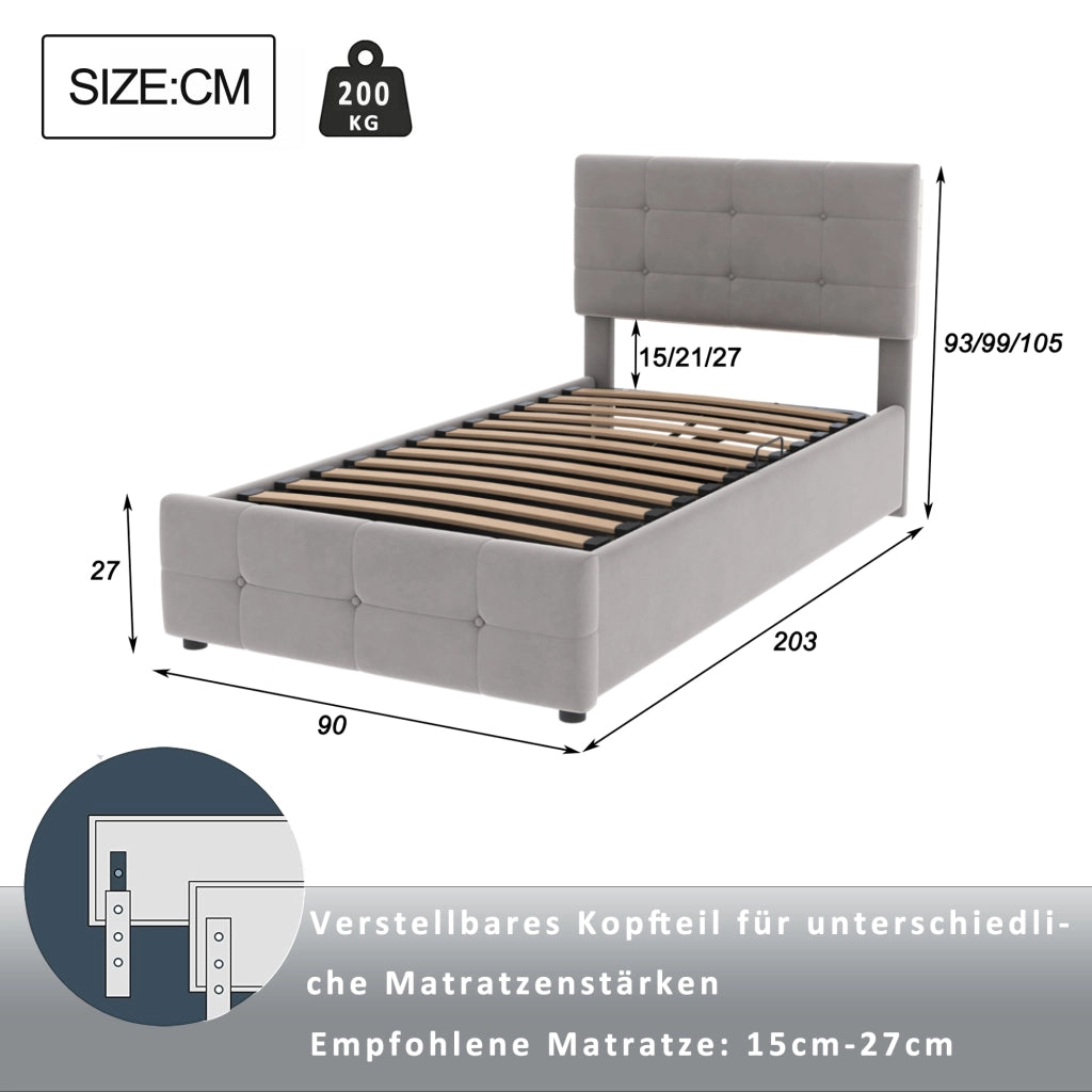 Letto singolo 90×200 cm con contenitore e testiera regolabile; senza materasso; tessuto; grigio