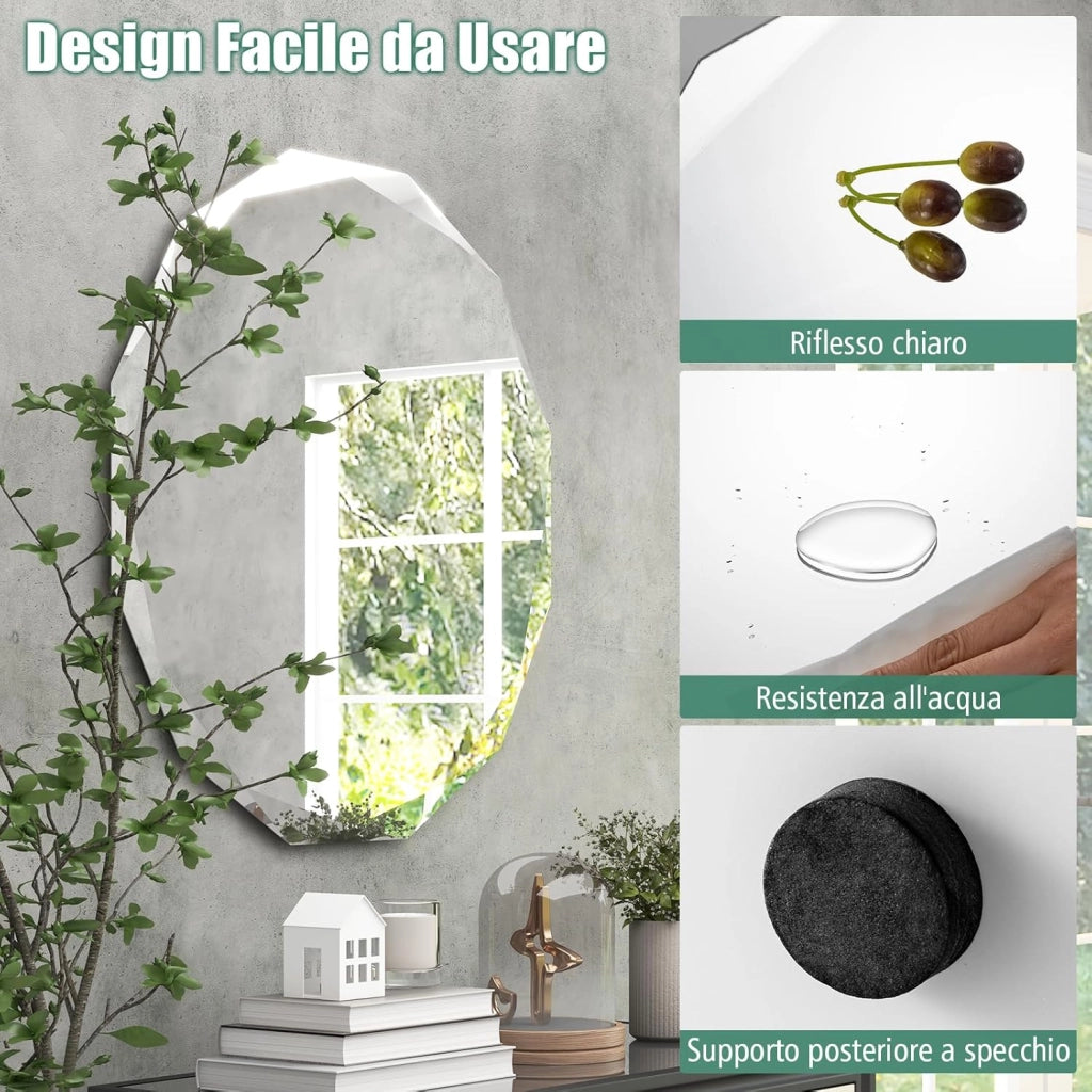 Specchio per Bagno 76 cm, Specchio da Parete Argento Lucidato, Senza Cornice, Specchio Rotondo di Design Irregolare Antiesplosione per Bagno Soggiorno Camera da Letto