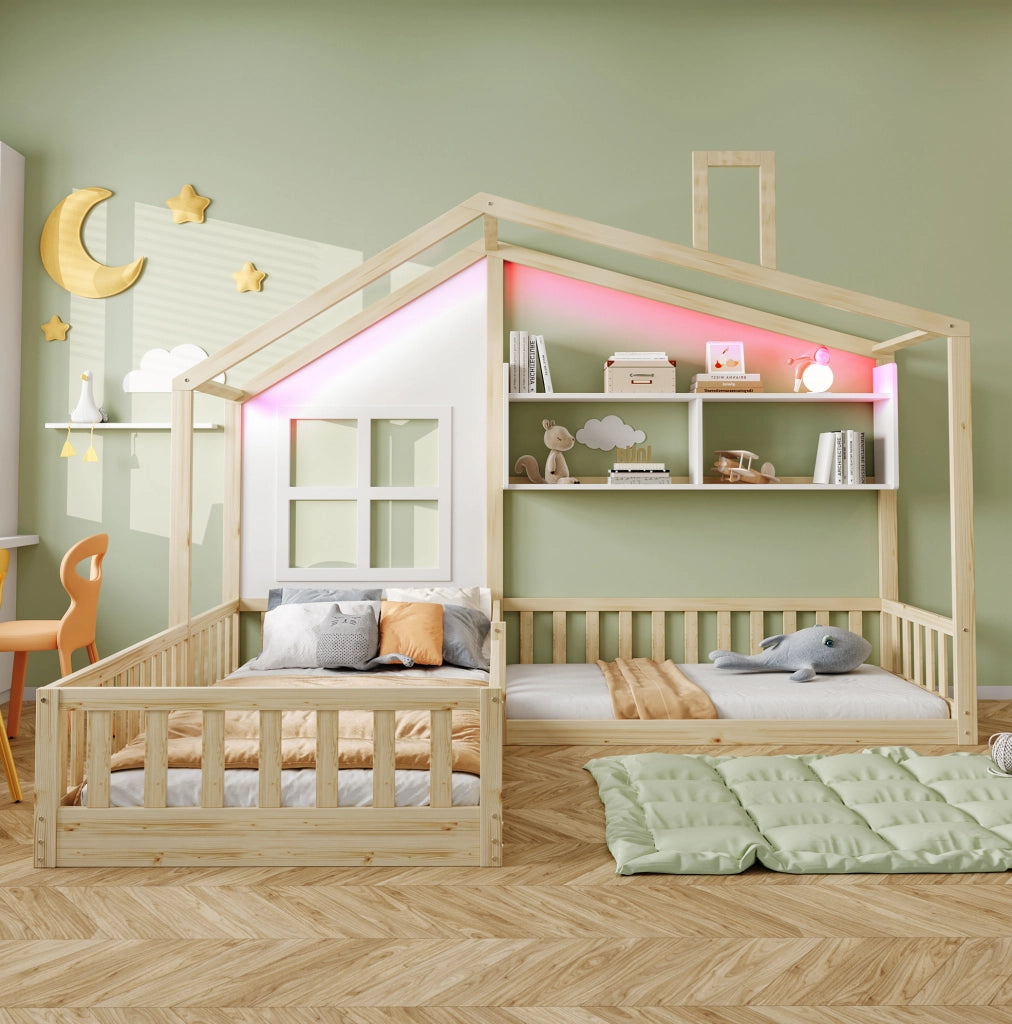 Letto a casetta 90x200 cm per bambini con LED, mensole e sponde
