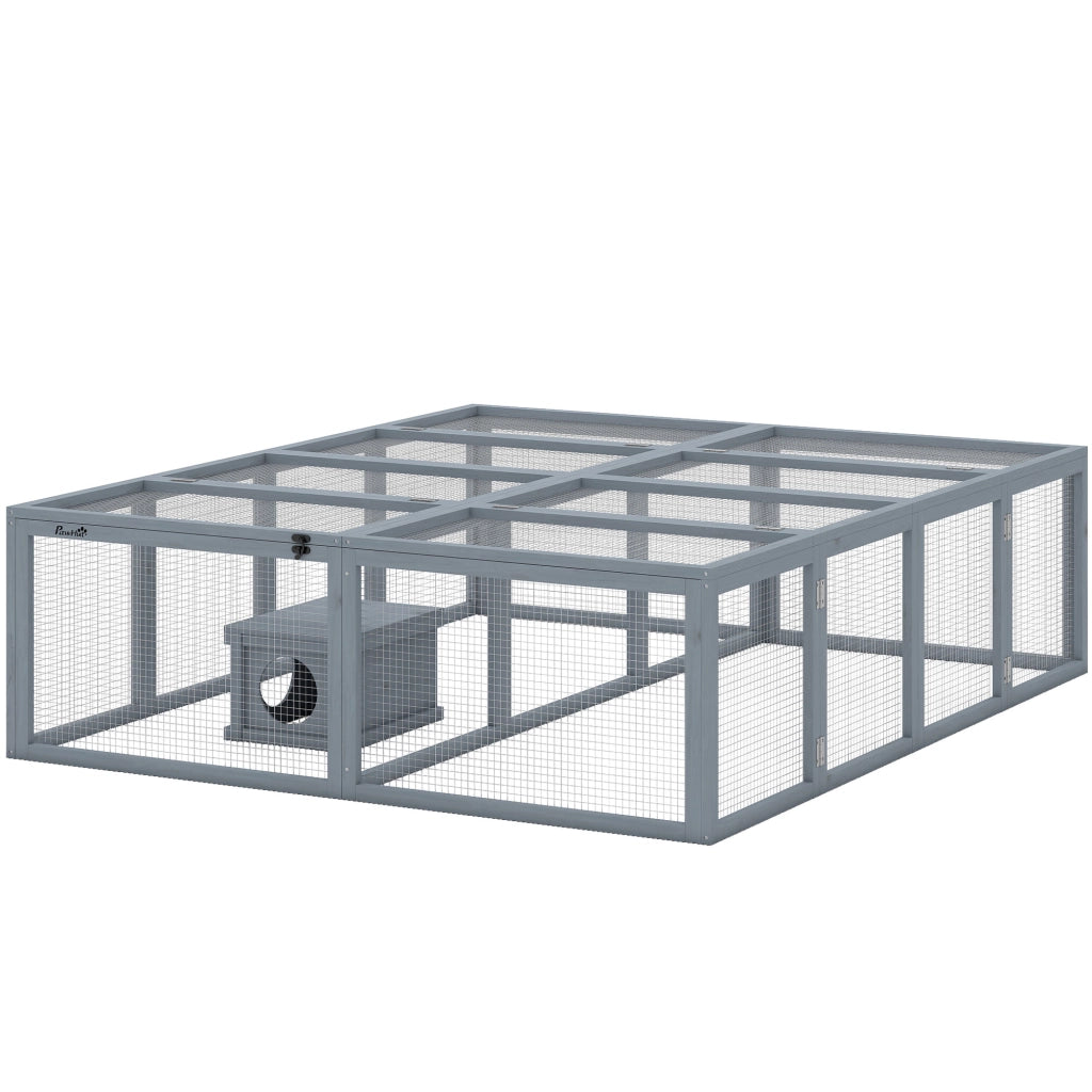 Gabbia per conigli in legno con 2 porte e rifugio ¨C zephmum ¨C grigio 180x150x48 cm