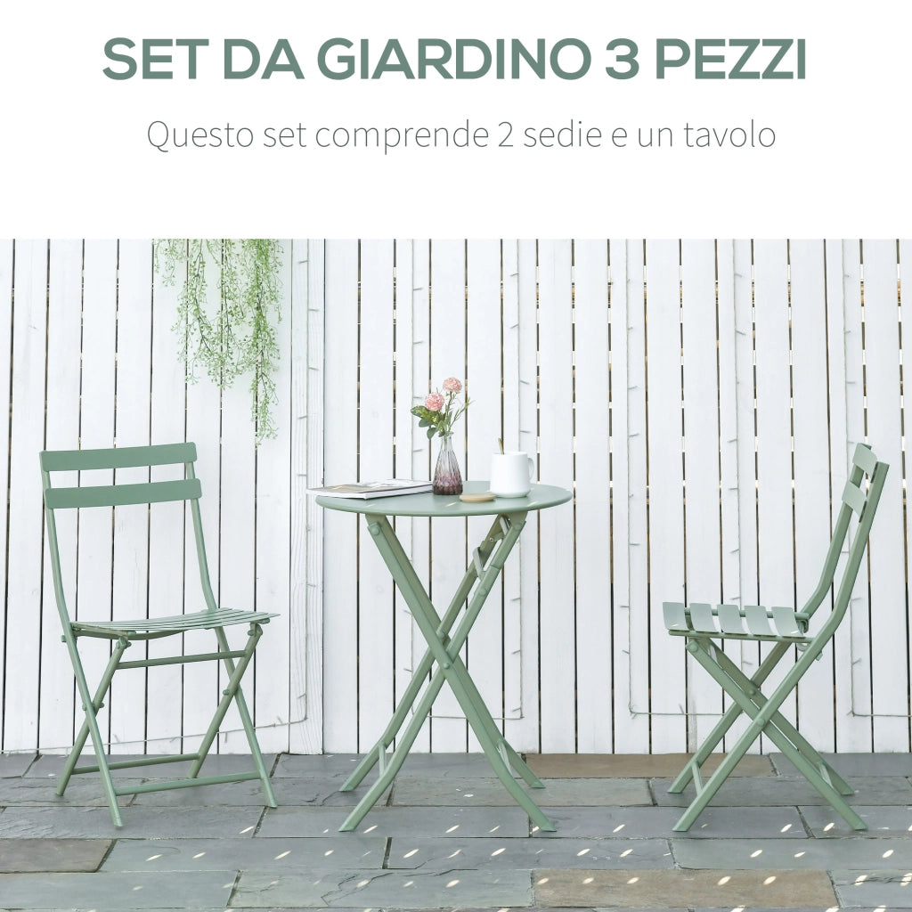 Set da Giardino 3 Pezzi Pieghevoli in Acciaio ¨C Zephmum ¨C Verde, 2 Sedie 42x50x81 cm e Tavolino ?60x71 cm