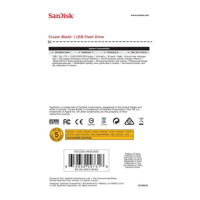 Chiavetta USB SanDisk Cruzer Blade da 64 GB USB Tipo-A 2.0 Nero, Rosso