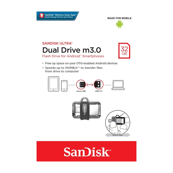 Chiavetta USB SanDisk Ultra Dual m3.0 da 32 GB USB Type-A / Micro-USB 3.2 Gen 1 (3.1 Gen 1) Nero, Argento, Trasparente