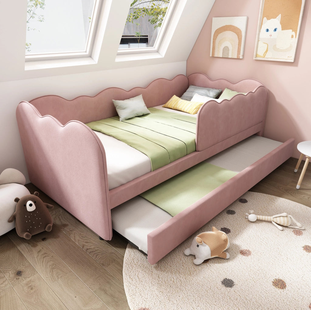 Letto daybed con letto estraibile 90x190 cm in velluto rosa; forma a nuvola