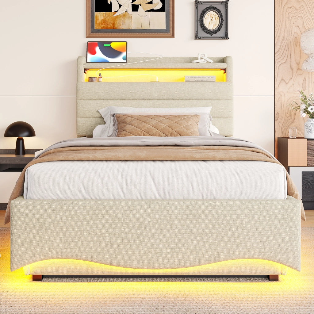 Letto imbottito 90x200 LED idraulico USB/Type-C lino beige