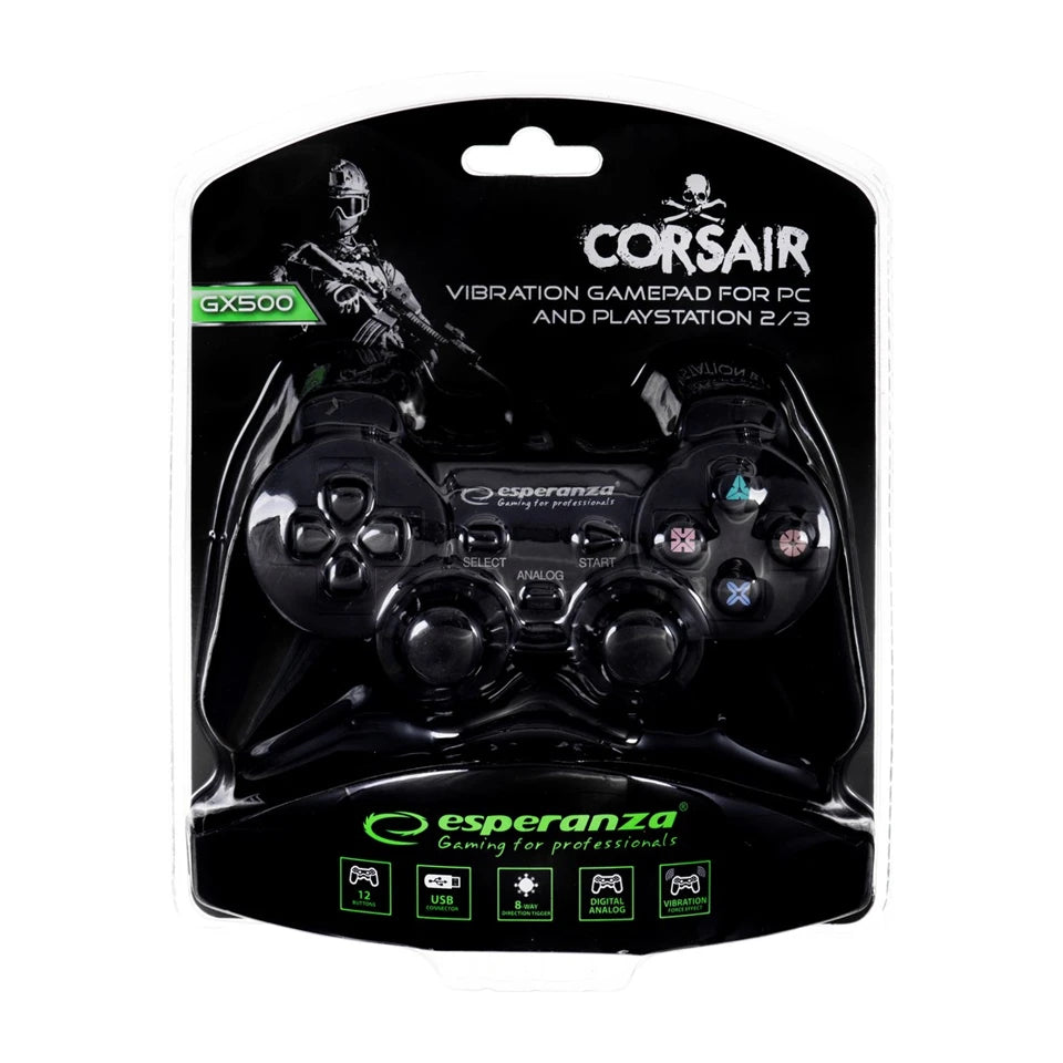 Controller da gioco Esperanza EG106 per PC, PlayStation 2, PlayStation 3, analogico/digitale USB 2.0 nero