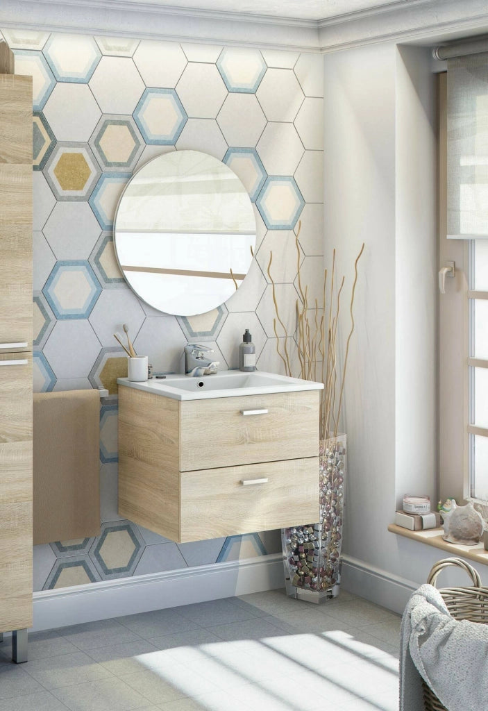Mobile sottolavabo Doksuri, Mobiletto da bagno, Contenitore porta lavabo, Armadio per lavandino, 60x45 h50 cm, Rovere