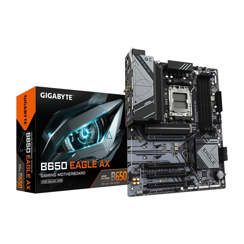 Scheda madre GIGABYTE B650 EAGLE AX - CPU AMD Ryzen della serie 9000, VRM 12+2+2 fasi, fino a 7600MHz DDR5 (OC), 1xPCIe 5.0 + 2xPCIe 4.0 M.2, LAN GbE, WIFI 6E, USB 3.2 Gen 2