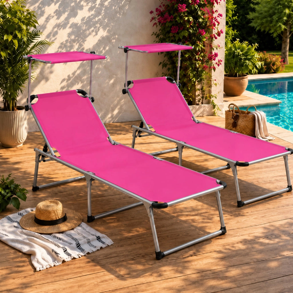 Prendisole Coppia Di Lettini Pieghevole Tettuccio Parasole Schienale Reclinabile Regolabile 6 Posizioni Struttura In Alluminio Sedia Sdraio Spiaggia Mare Giardino Piscina 187 x 59 x 29 Cm Rosa