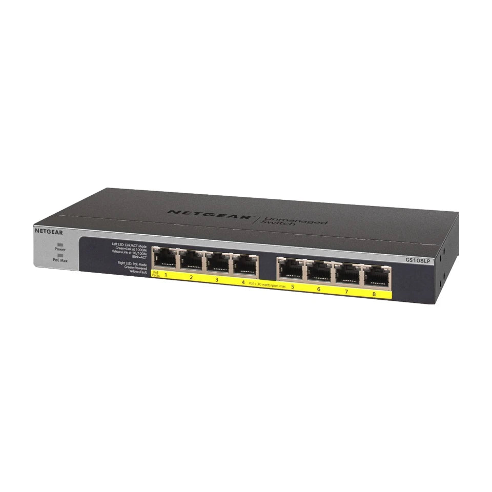 NETGEAR GS108LP Switch Gigabit Ethernet non gestito con Power over Ethernet (PoE) 1U nero, grigio