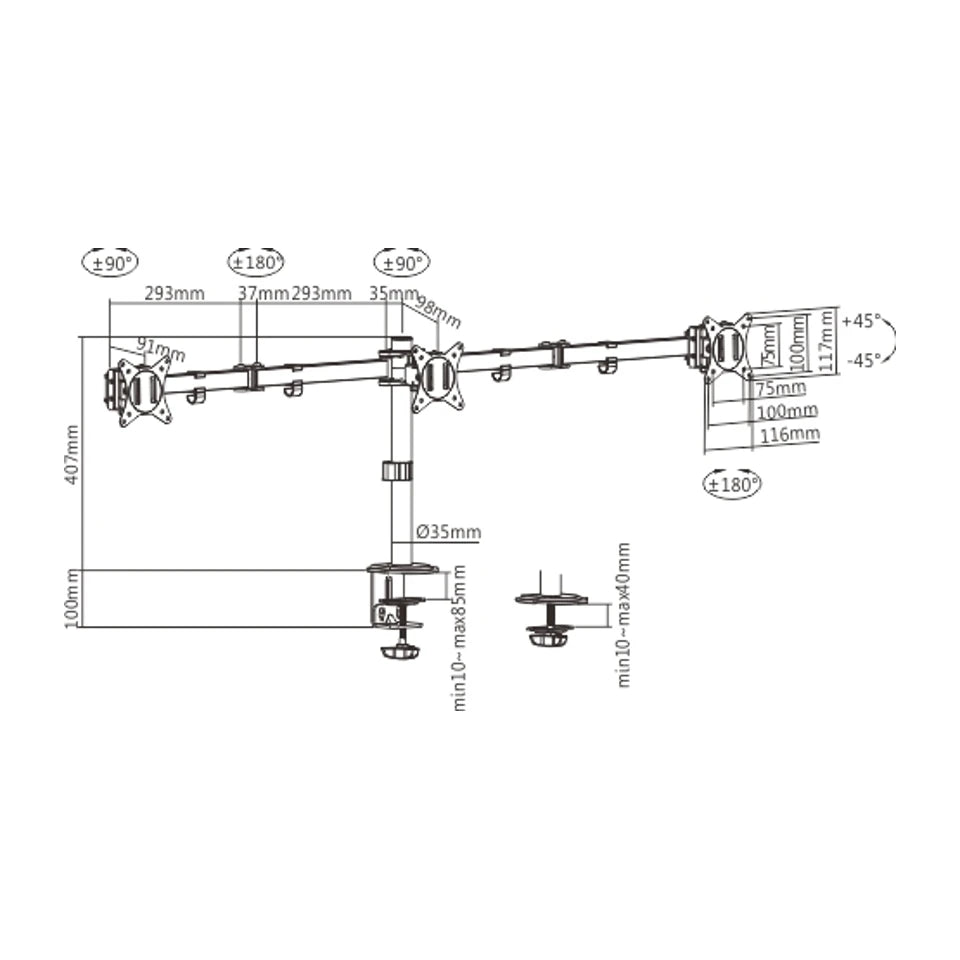 Braccio regolabile per montaggio a 3 display Gembird MA-D3-01 (rotazione, inclinazione, orientamento), 17"-27", fino a 7 kg