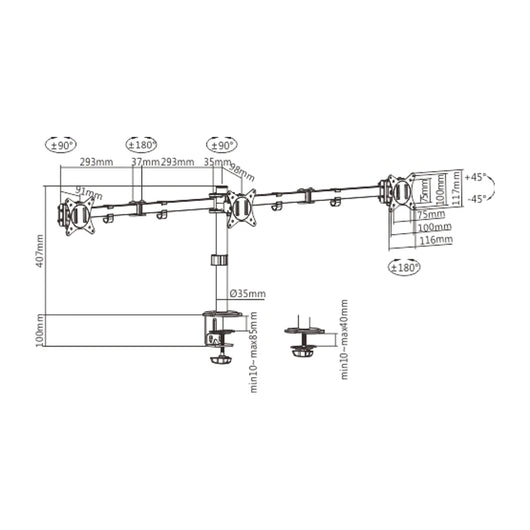 Braccio regolabile per montaggio a 3 display Gembird MA-D3-01 (rotazione, inclinazione, orientamento), 17"-27", fino a 7 kg