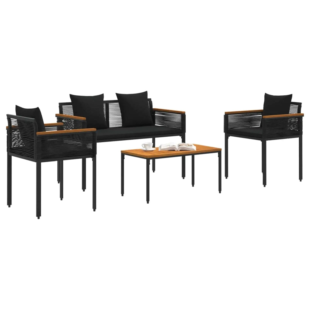Set di Mobili da Esterno con cuscino 4 pcs Nero polyrattan
