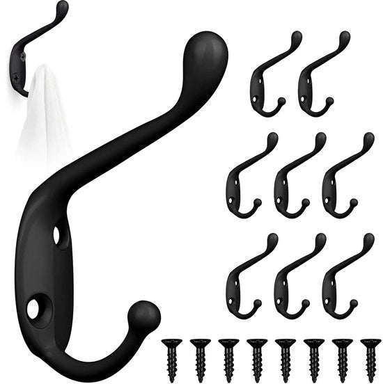 Hanger per abbigliamento - 8 pezzi - Spine per parete retro - Ganci metallici - Doppie decorazioni - Nero - Adatto per porte in legno - Hanger a muro per cappotto