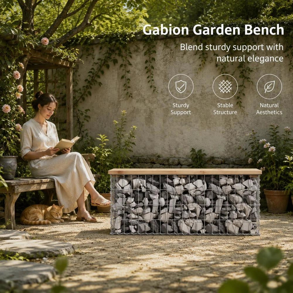 Garden Bench Made Of Gabions, 103x31.5x42 Cm, Solid Pine Wood