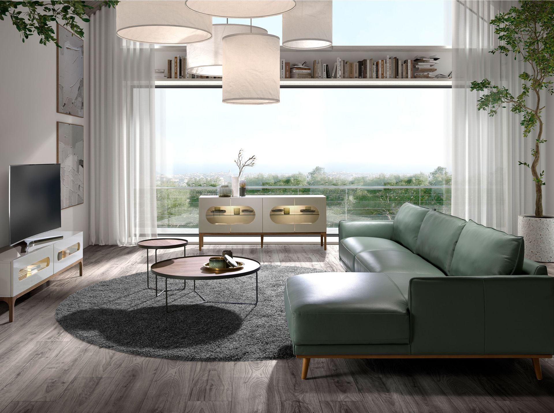 Tavolo angolare rotondo in noce e acciaio nero