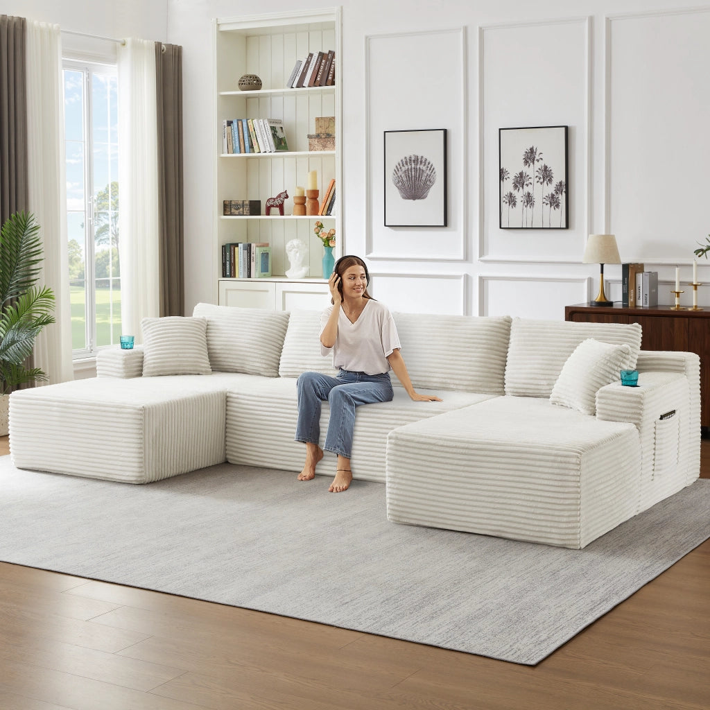 Divano modulare a U per soggiorno con seduta profonda e supporto ergonomico senza montaggio in velluto a coste beige