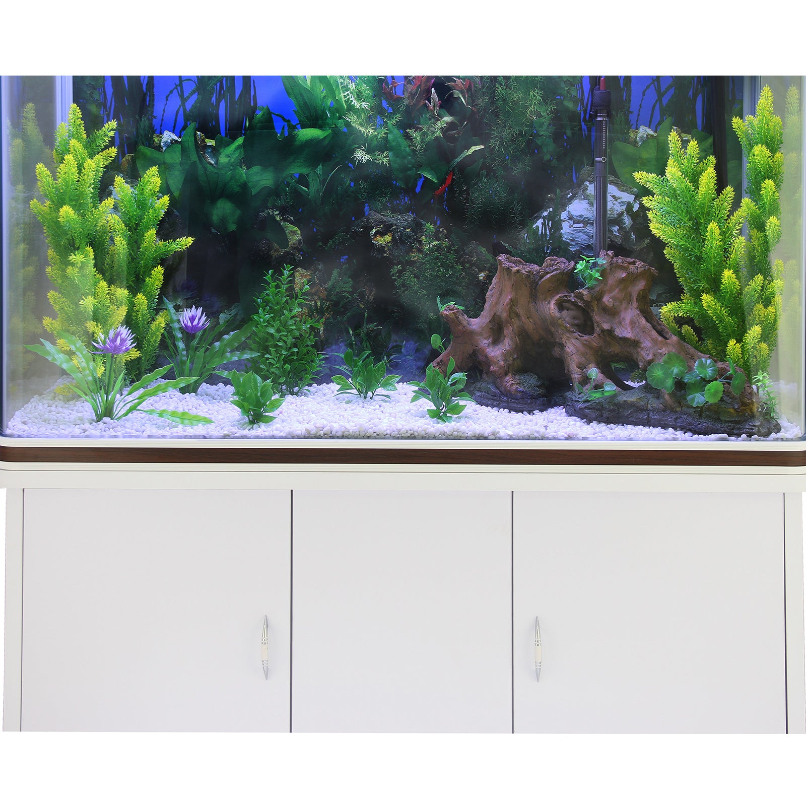 Acquario 300L con Armadietto Bianco e Kit con Fondale, Piante e Ghiaia Bianca