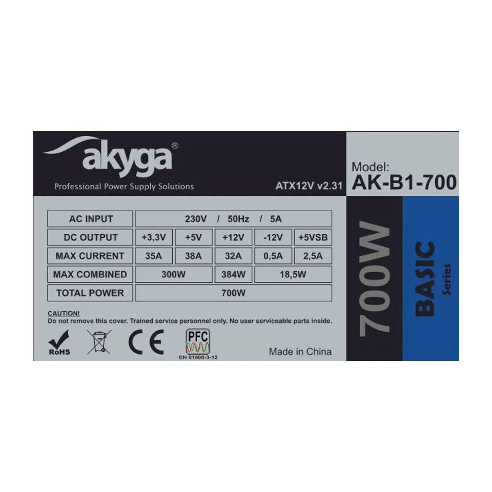 Alimentatore Akyga AK-B1-700 da 700 W 20+4 pin ATX ATX Grigio