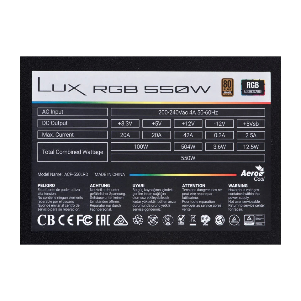 Alimentatore Aerocool Lux RGB 550M 550 W Nero