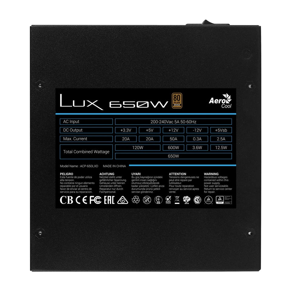 Alimentatore Aerocool LUX da 650W 20+4 pin ATX ATX Nero