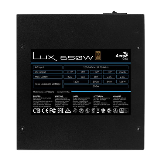 Alimentatore Aerocool LUX da 650W 20+4 pin ATX ATX Nero