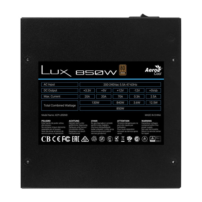 Alimentatore per PC Aerocool LUX850 850W 80 Plus Bronze 230V 88% di Efficienza Nero