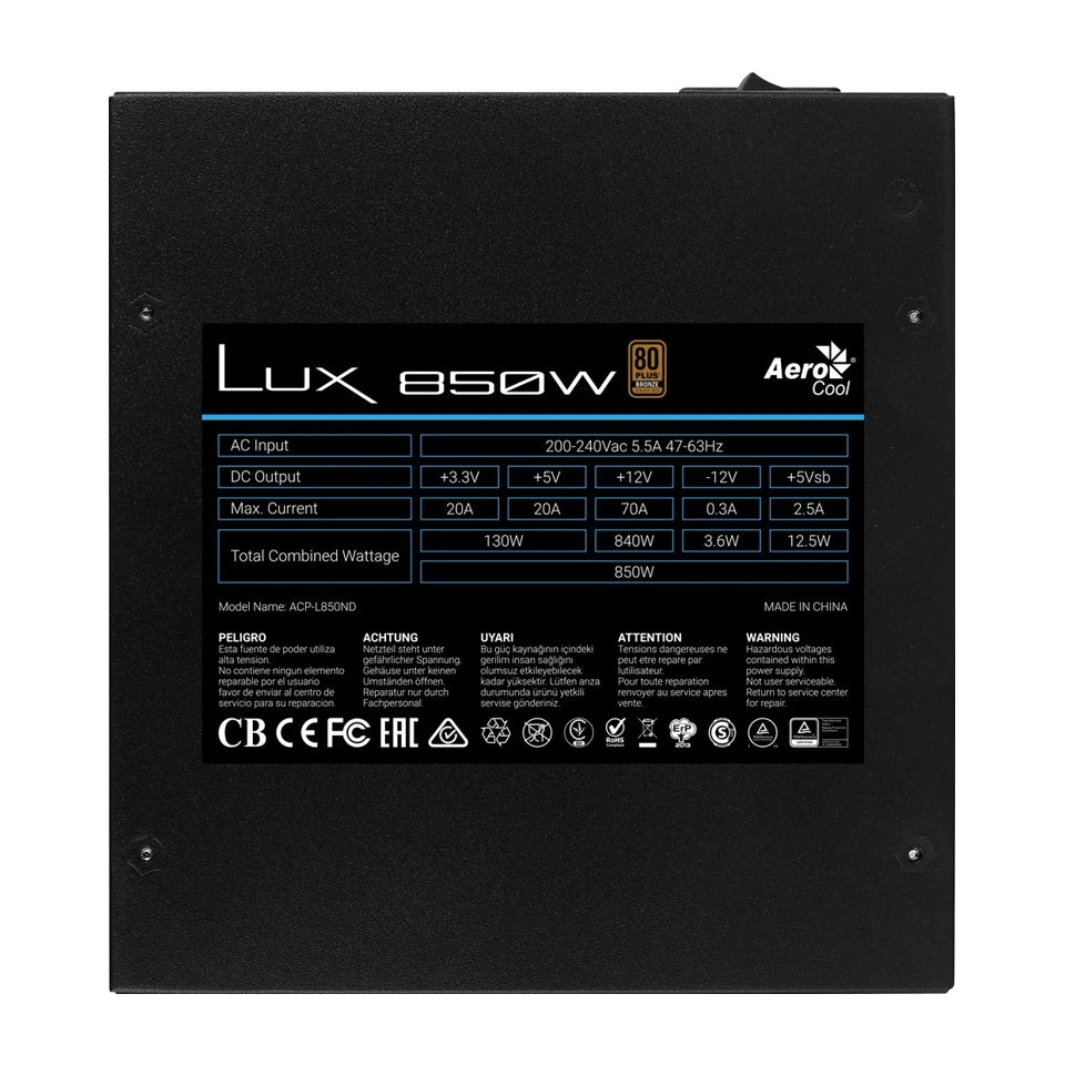 Alimentatore per PC Aerocool LUX850 850W 80 Plus Bronze 230V 88% di Efficienza Nero
