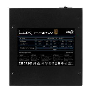 Alimentatore per PC Aerocool LUX850 850W 80 Plus Bronze 230V 88% di Efficienza Nero