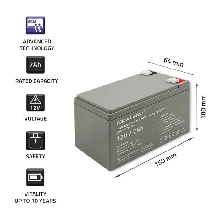 Batteria Qoltec 53076 AGM | 12V | 7Ah | max. 105A | Sicurezza