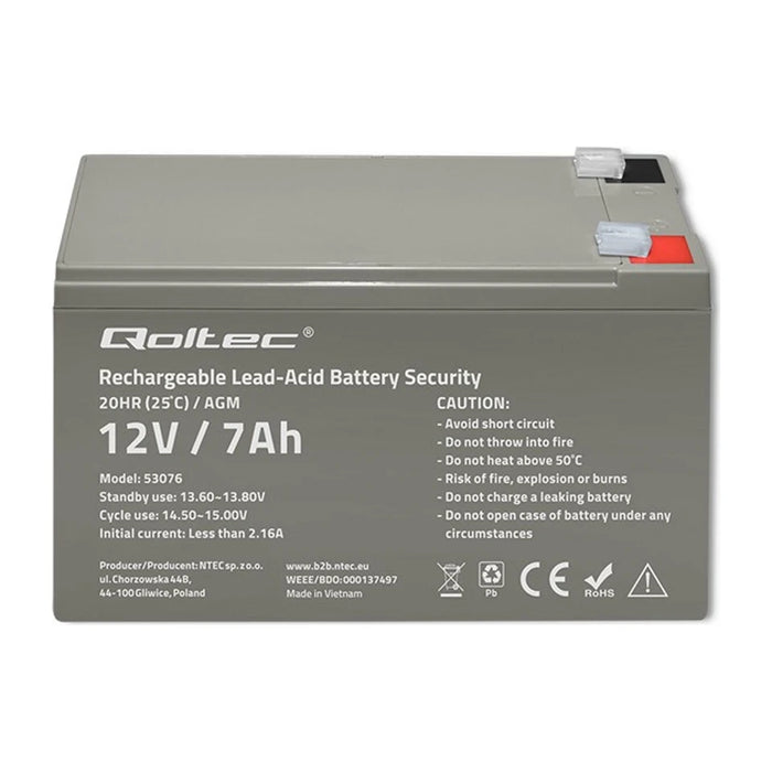 Batteria Qoltec 53076 AGM | 12V | 7Ah | max. 105A | Sicurezza