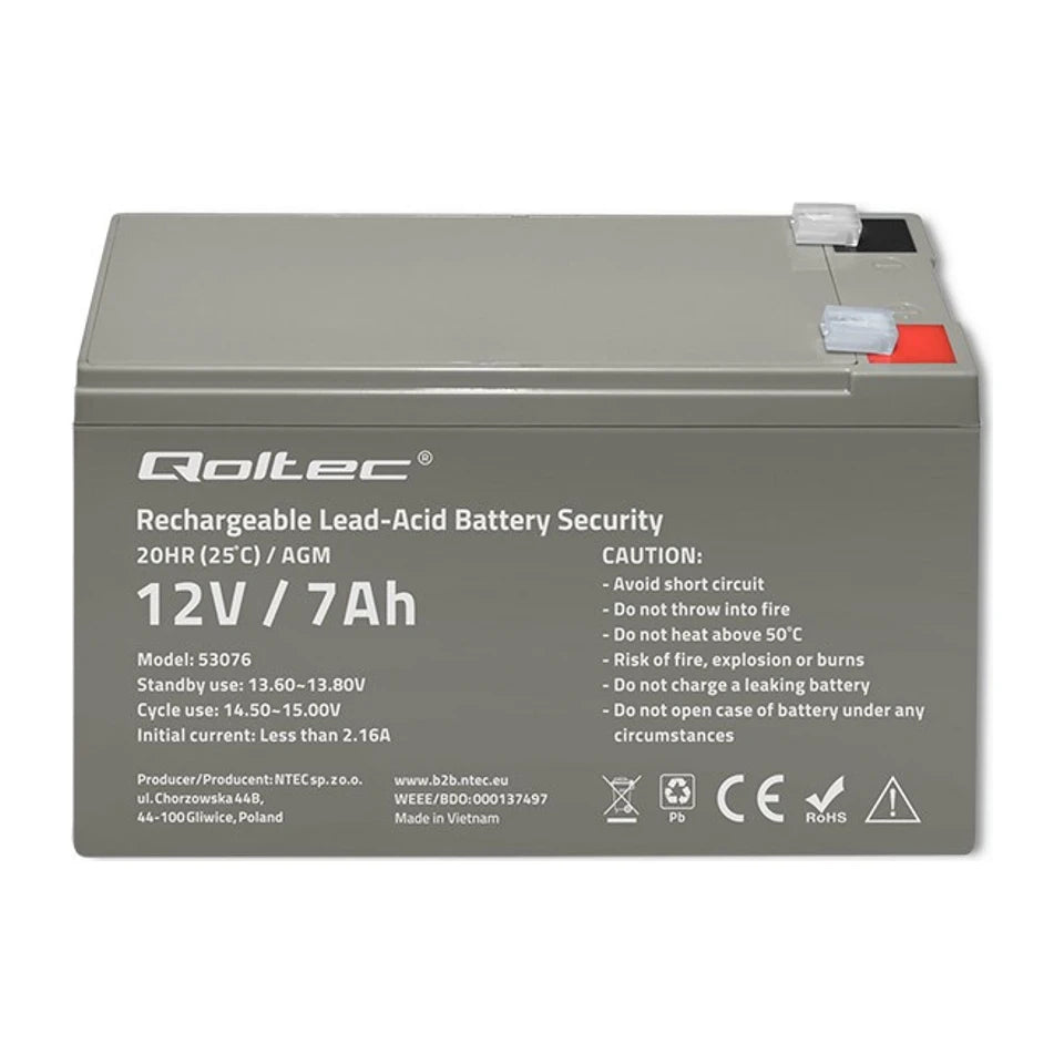 Batteria Qoltec 53076 AGM | 12V | 7Ah | max. 105A | Sicurezza